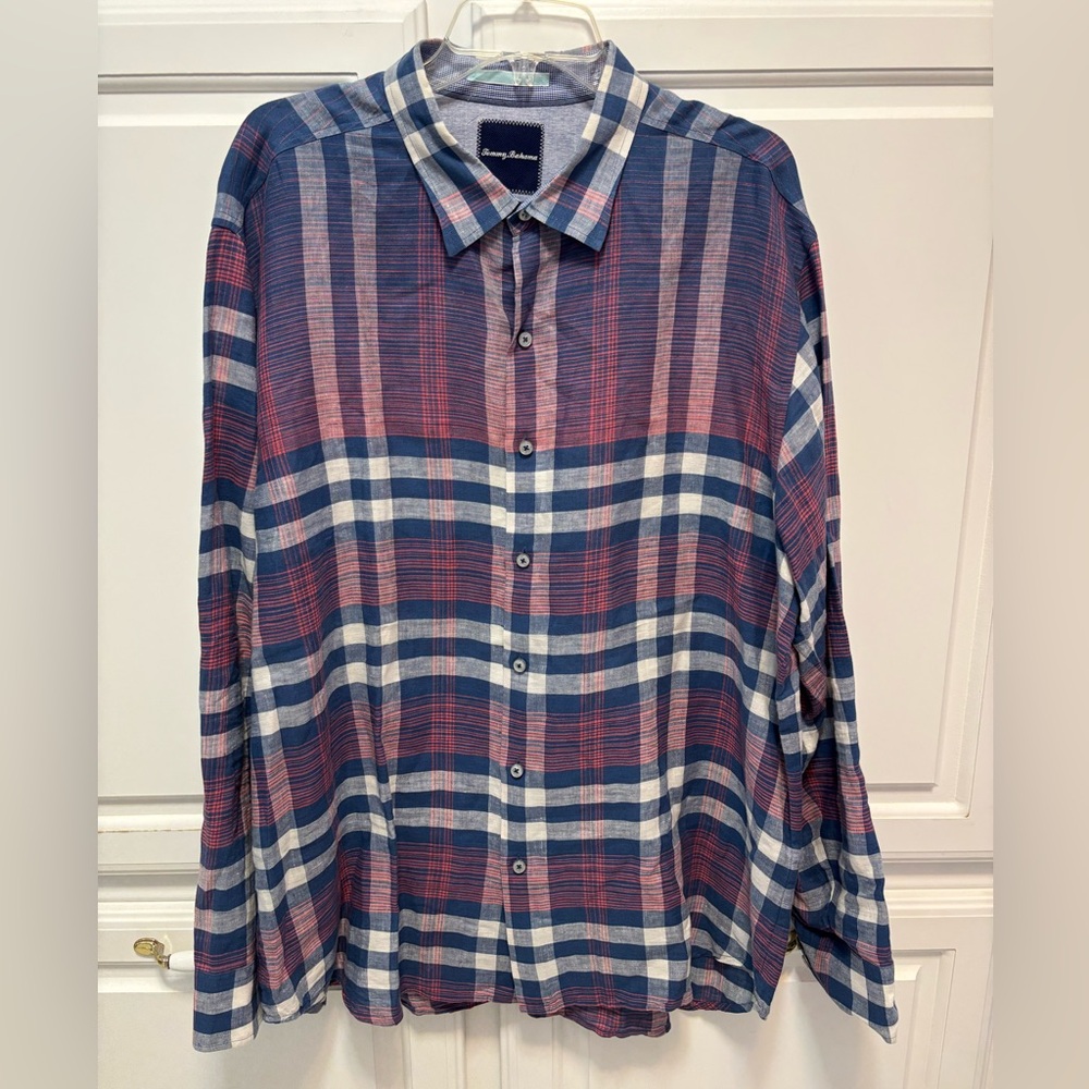 Tommy Bahamas Blue Plaid Linen Blend Long Sleeve Shirt Men Size XL